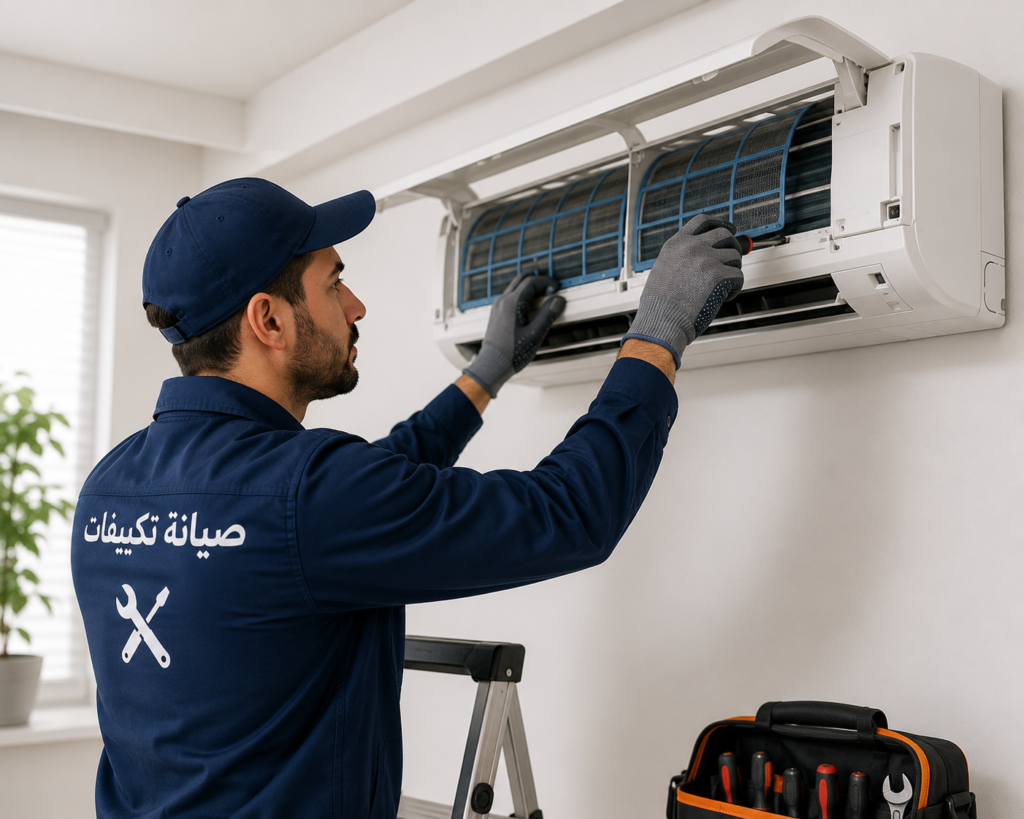 فني متخصص يقوم بفحص وإصلاح تكييفات باستخدام أدوات حديثة لضمان استعادة كفاءة التشغيل.