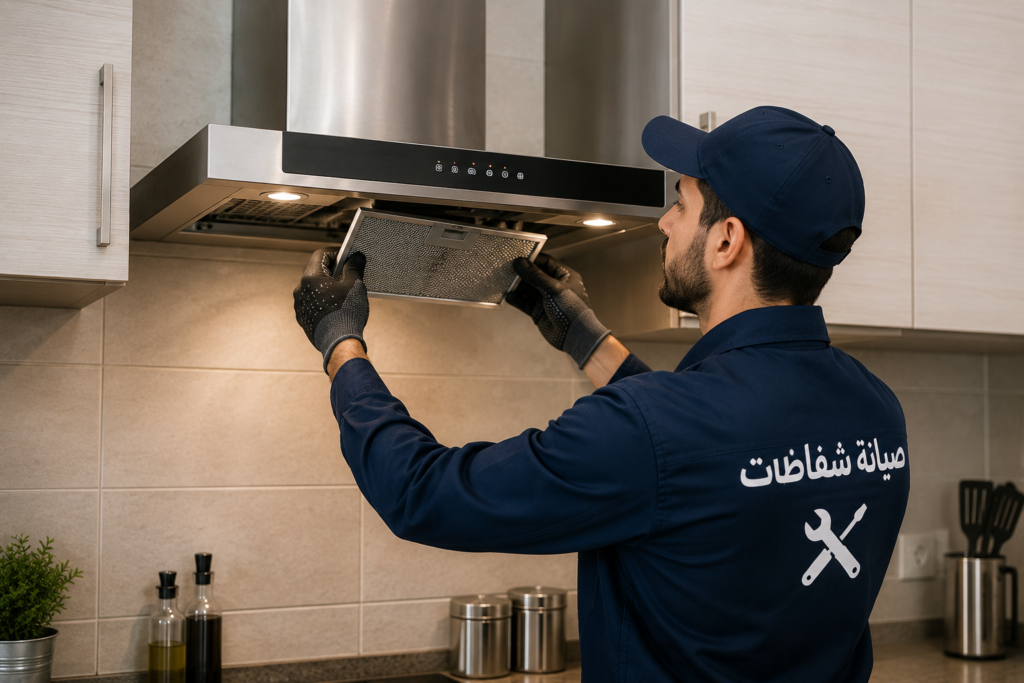 فني متخصص يقوم بفحص وإصلاح شفاطات باستخدام أدوات حديثة لضمان استعادة كفاءة التشغيل.