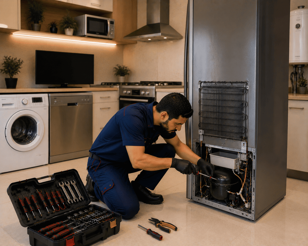 فني صيانة أجهزة منزلية يقدم خدمة الصيانة داخل منزل في الاسماعيلية باستخدام معدات فحص حديثة.