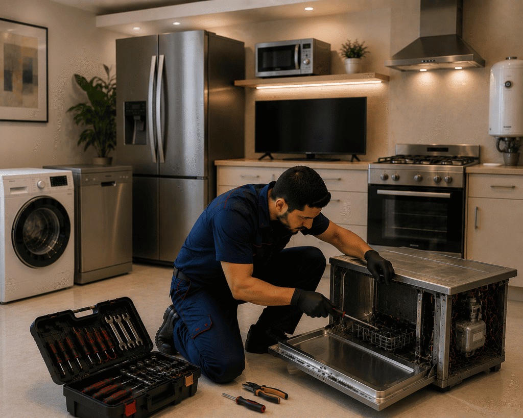 فني صيانة أجهزة منزلية يقدم خدمة الصيانة داخل منزل في العين السخنة باستخدام معدات فحص حديثة.