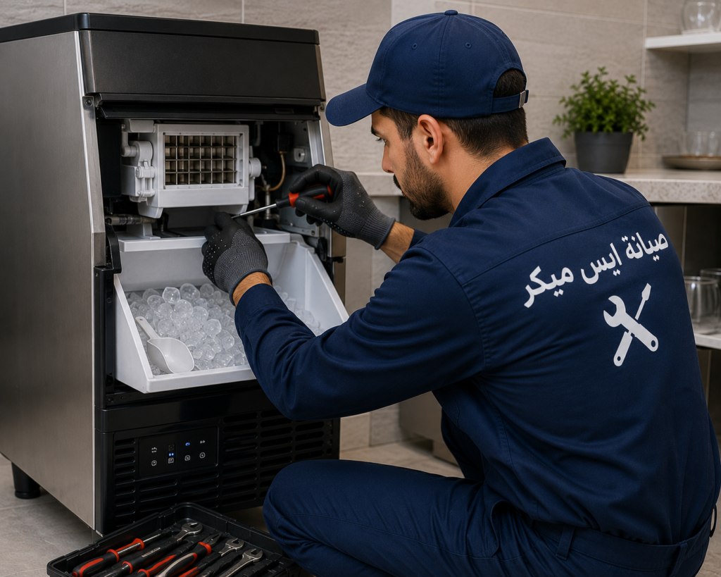 فني متخصص يقوم بفحص وإصلاح ايس ميكر باستخدام أدوات حديثة لضمان استعادة كفاءة التشغيل.