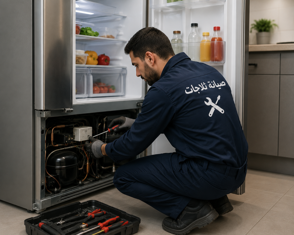فني متخصص يقوم بفحص وإصلاح ثلاجات باستخدام أدوات حديثة لضمان استعادة كفاءة التشغيل.