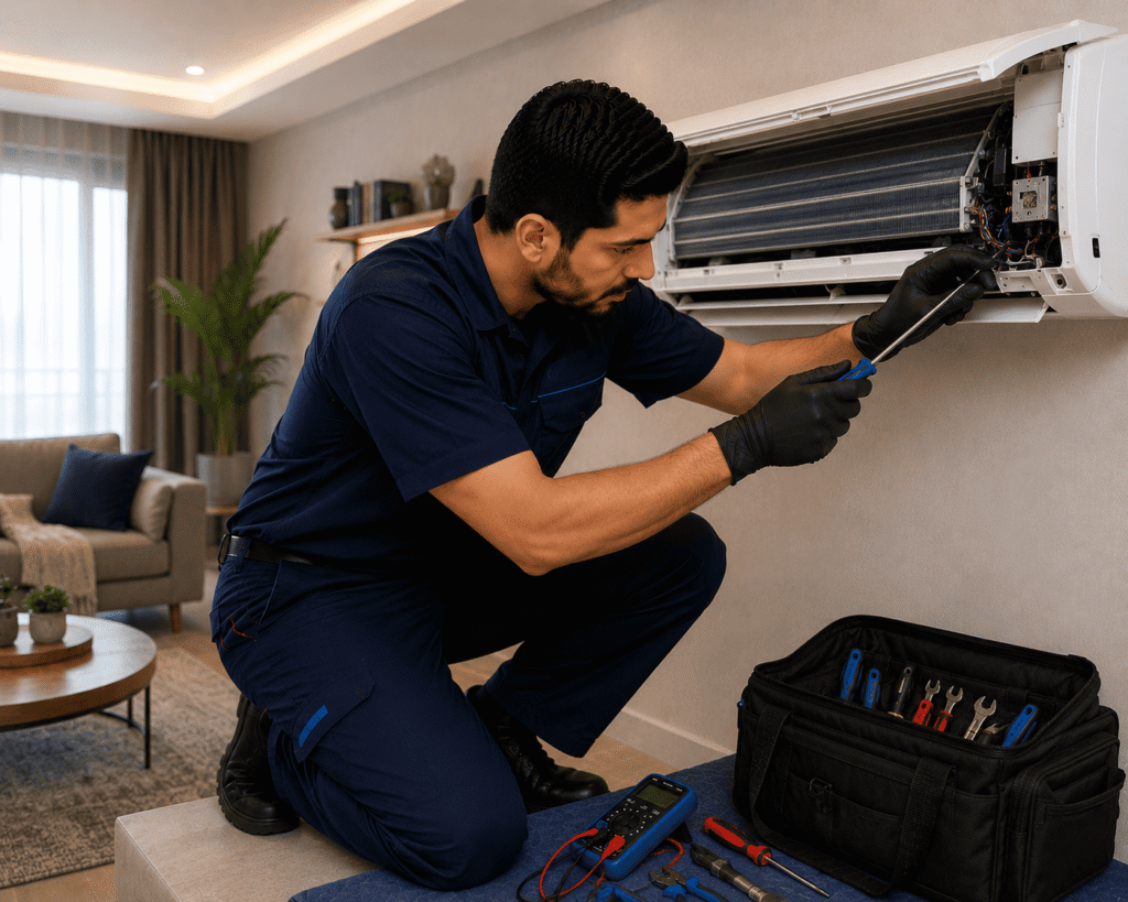 فني متخصص يقوم بفحص وصيانة تكييفات كاريير باستخدام أدوات تشخيص حديثة لضمان أفضل أداء.